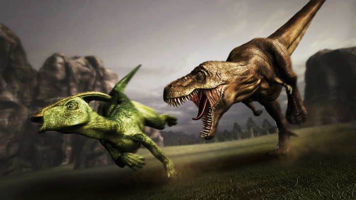 T-rex hunts a parasaurolophus